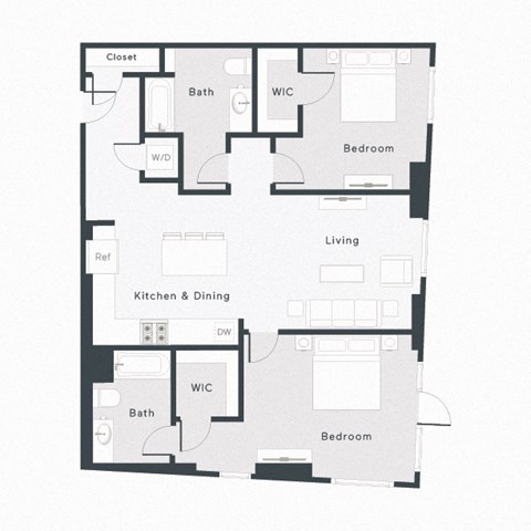 Floor plan for 2 beds, 2 baths, 1301 sqft
